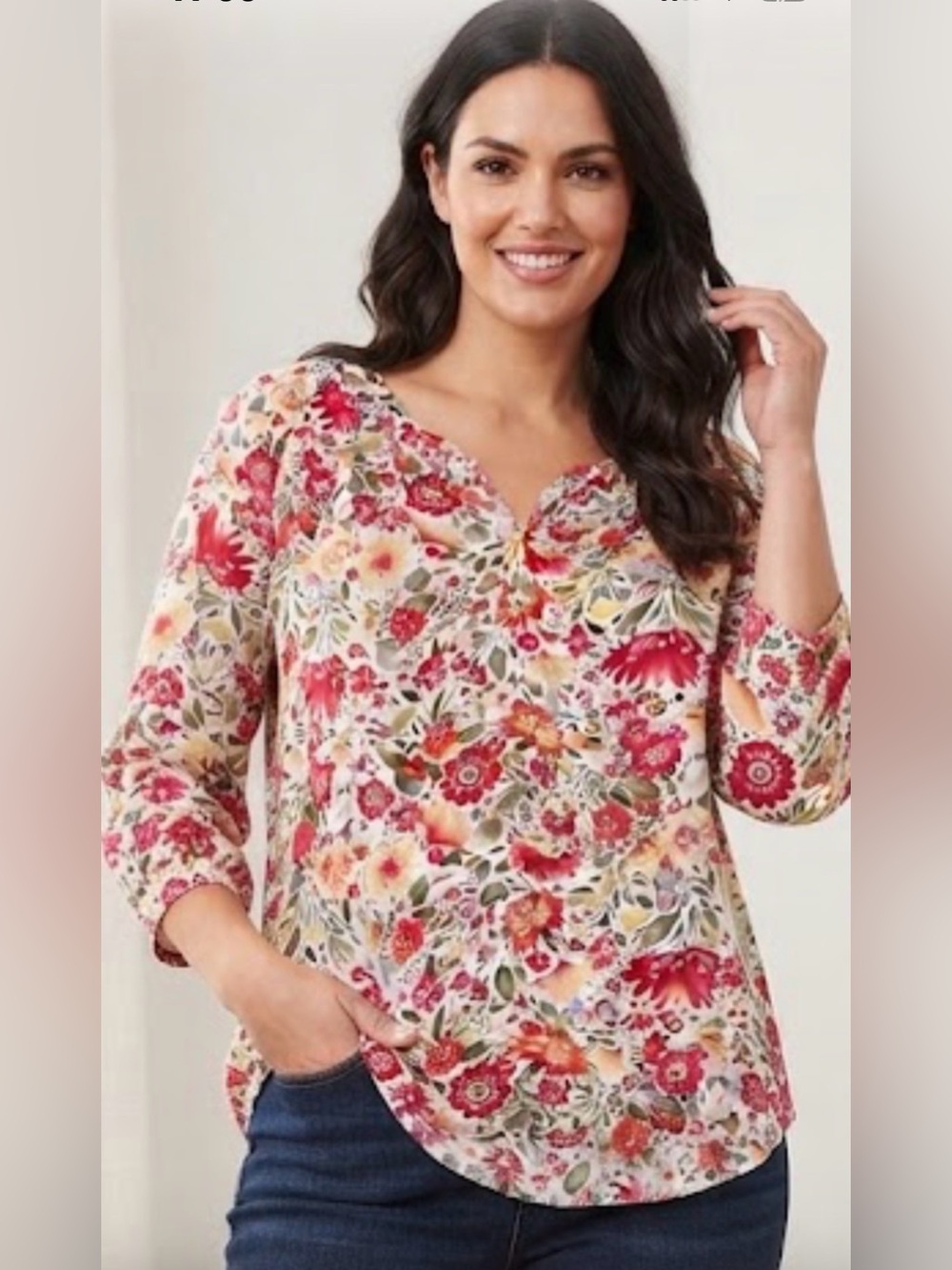 Jones New York Floral V-Neck Blouse in Red, Green, Pink Sz1x
